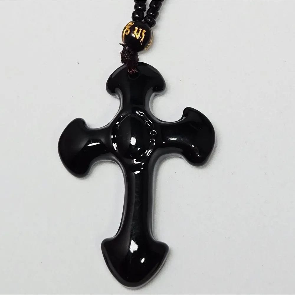 Black Obsidian Cross Beaded Necklace Streetwear Faith Pendant Jewelry Unisex 25